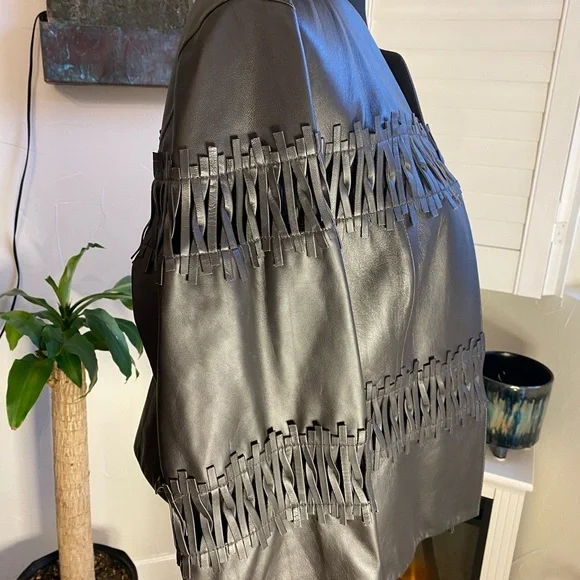 Lafayette 148 New York Dark Brown Leather Jacket with Fringe Accents - Picture 5 of 10